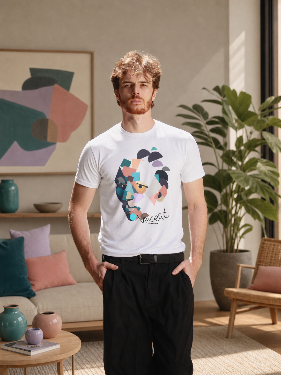 Vincent with no beard by Shapeo Cotton Tee | Dawn