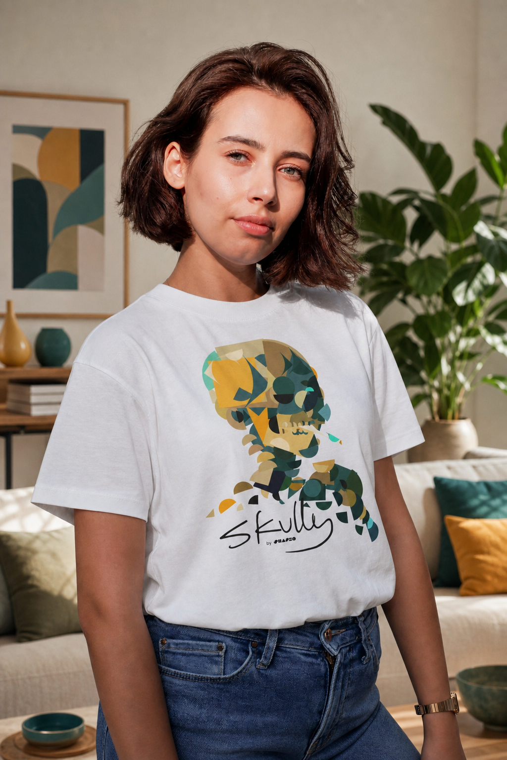 Smoking Skull by Shapeo Cotton Tee | Lagoon